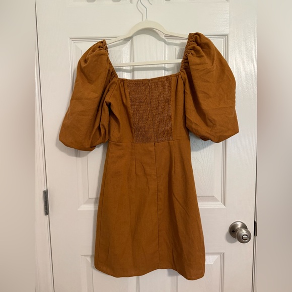 Linen Blend Puff Shoulder Squareneck Mini Dress - Picture 4 of 4